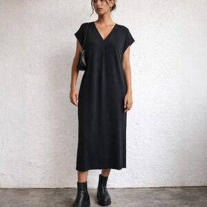 Double Zero Washed Black Midi Dress Large Modal Oversized V Neck Minimalist Soft